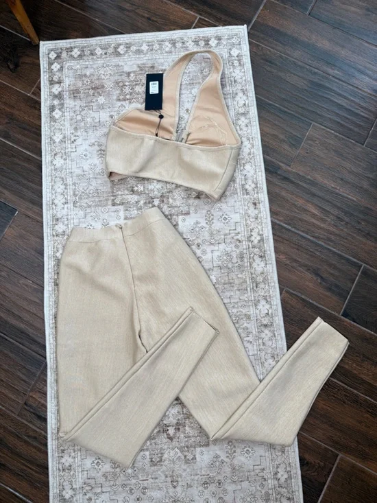 Fashion nova Beige Ribbed Knit Halter Top & Pants Set - Picture 4 of 4